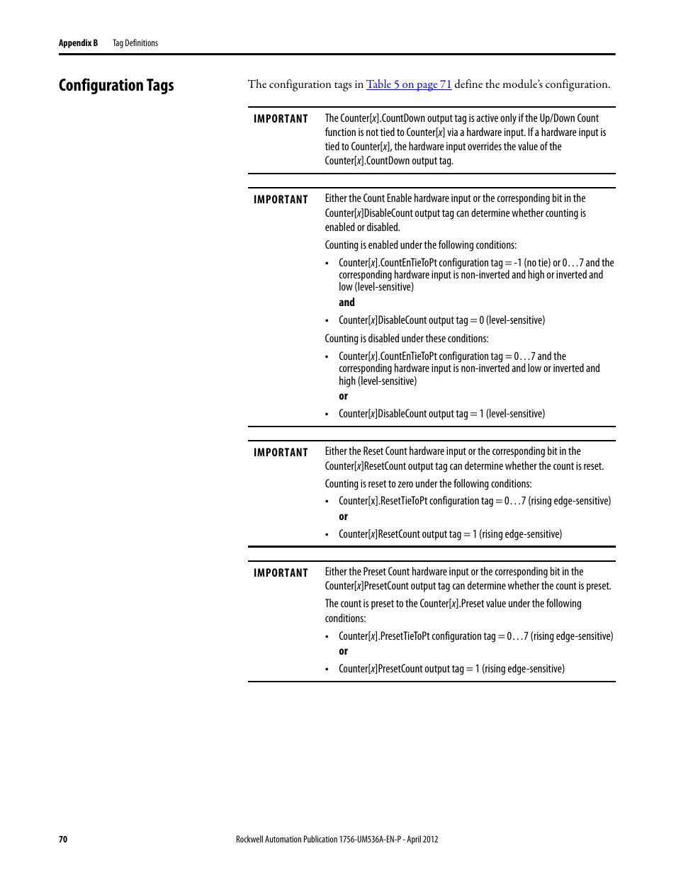 Configuration tags | Rockwell Automation 1756-LSC8XIB8I ControlLogix Low-speed Counter Module User Manual | Page 70 / 84