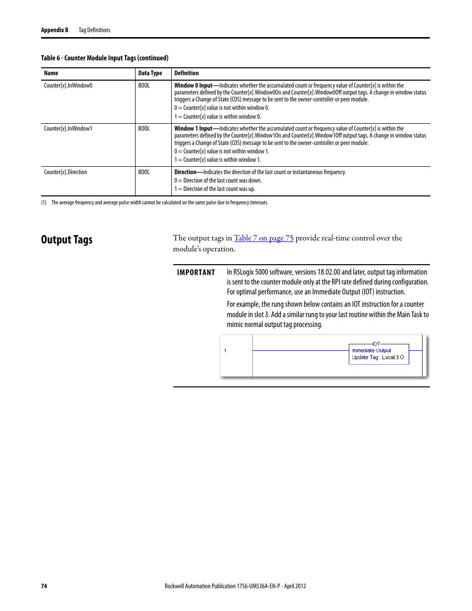 Output tags | Rockwell Automation 1756-LSC8XIB8I ControlLogix Low-speed Counter Module User Manual | Page 74 / 84