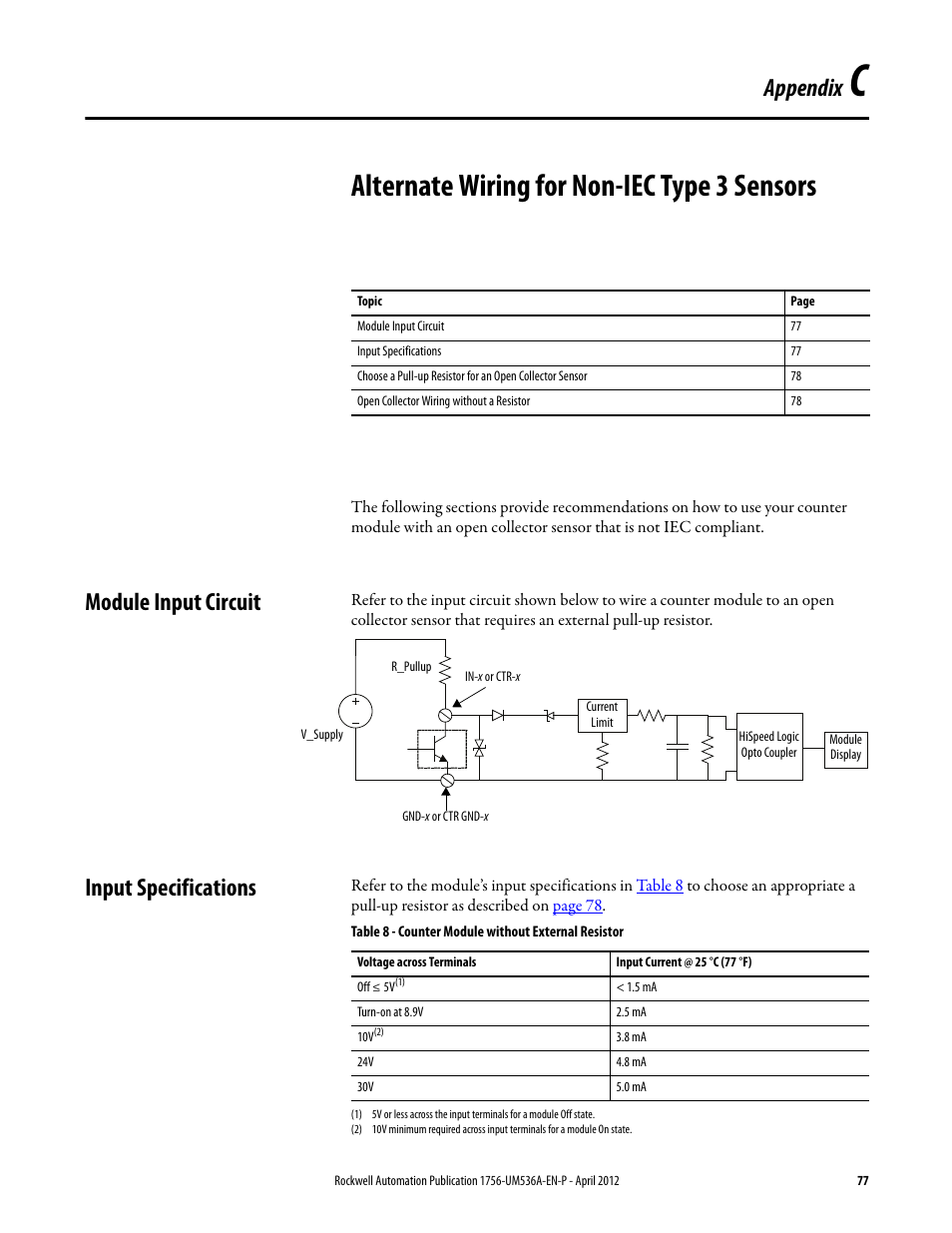 C - alternate wiring for non-iec type 3 sensors, Module input circuit, Input specifications | Appendix c, Alternate wiring for non-iec type 3 sensors, Module input circuit input specifications, Appendix | Rockwell Automation 1756-LSC8XIB8I ControlLogix Low-speed Counter Module User Manual | Page 77 / 84