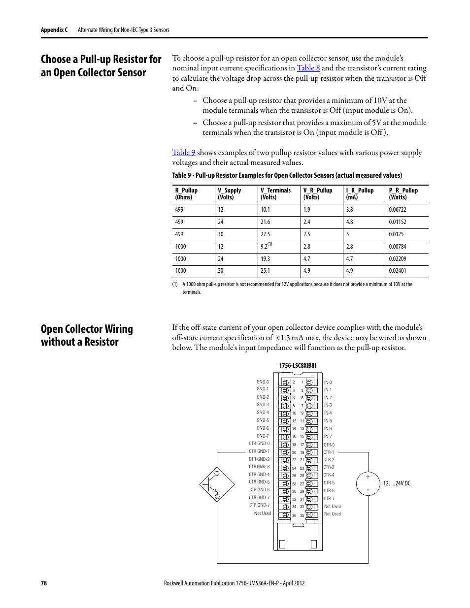 Open collector wiring without a resistor | Rockwell Automation 1756-LSC8XIB8I ControlLogix Low-speed Counter Module User Manual | Page 78 / 84