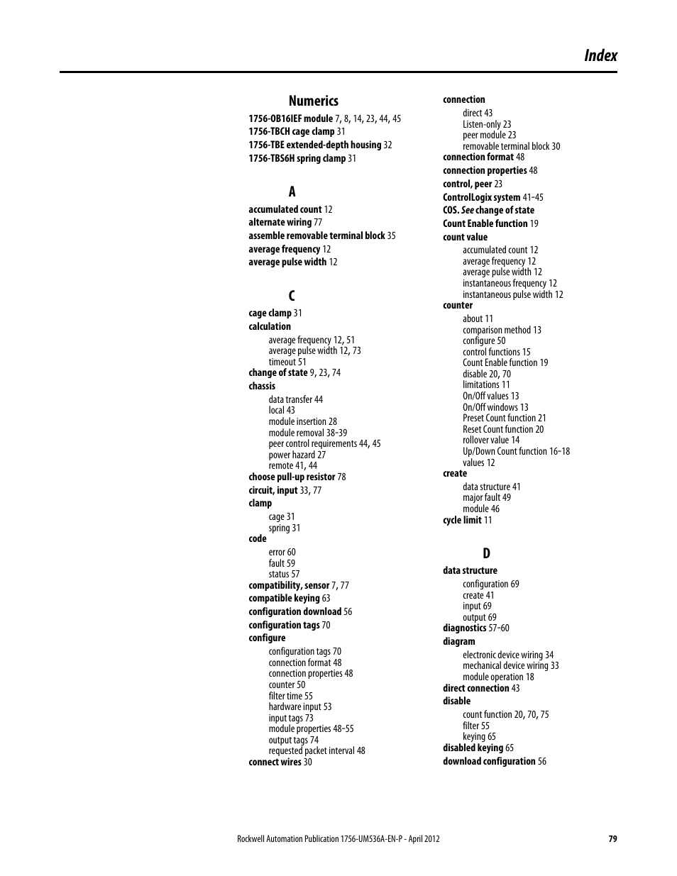 Index, Numerics | Rockwell Automation 1756-LSC8XIB8I ControlLogix Low-speed Counter Module User Manual | Page 79 / 84