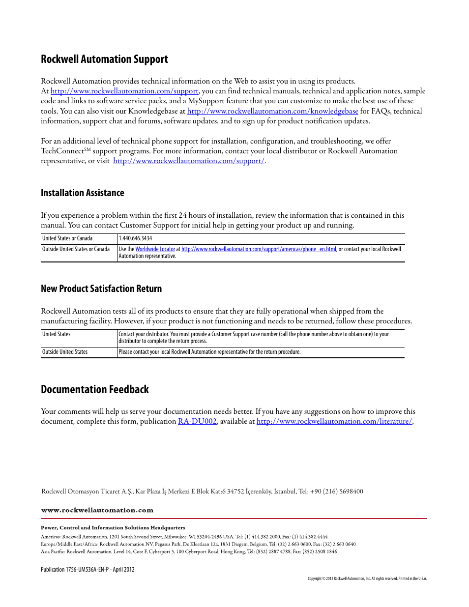 Rockwell automation support, Documentation feedback, Installation assistance | New product satisfaction return | Rockwell Automation 1756-LSC8XIB8I ControlLogix Low-speed Counter Module User Manual | Page 84 / 84