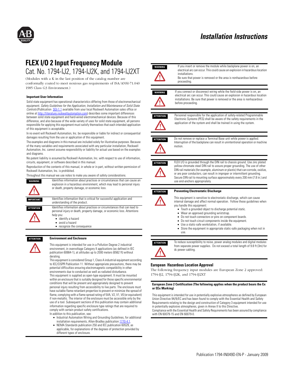 Rockwell Automation 1794-IJ2XT 2 Input Frequency Module Installation Instructions User Manual | 6 pages