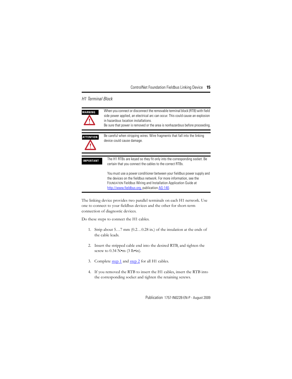 Rockwell Automation 1757-FFLDC4 ControlNet Foundation Fieldbus Linking Device Installation Instructions User Manual | Page 15 / 32