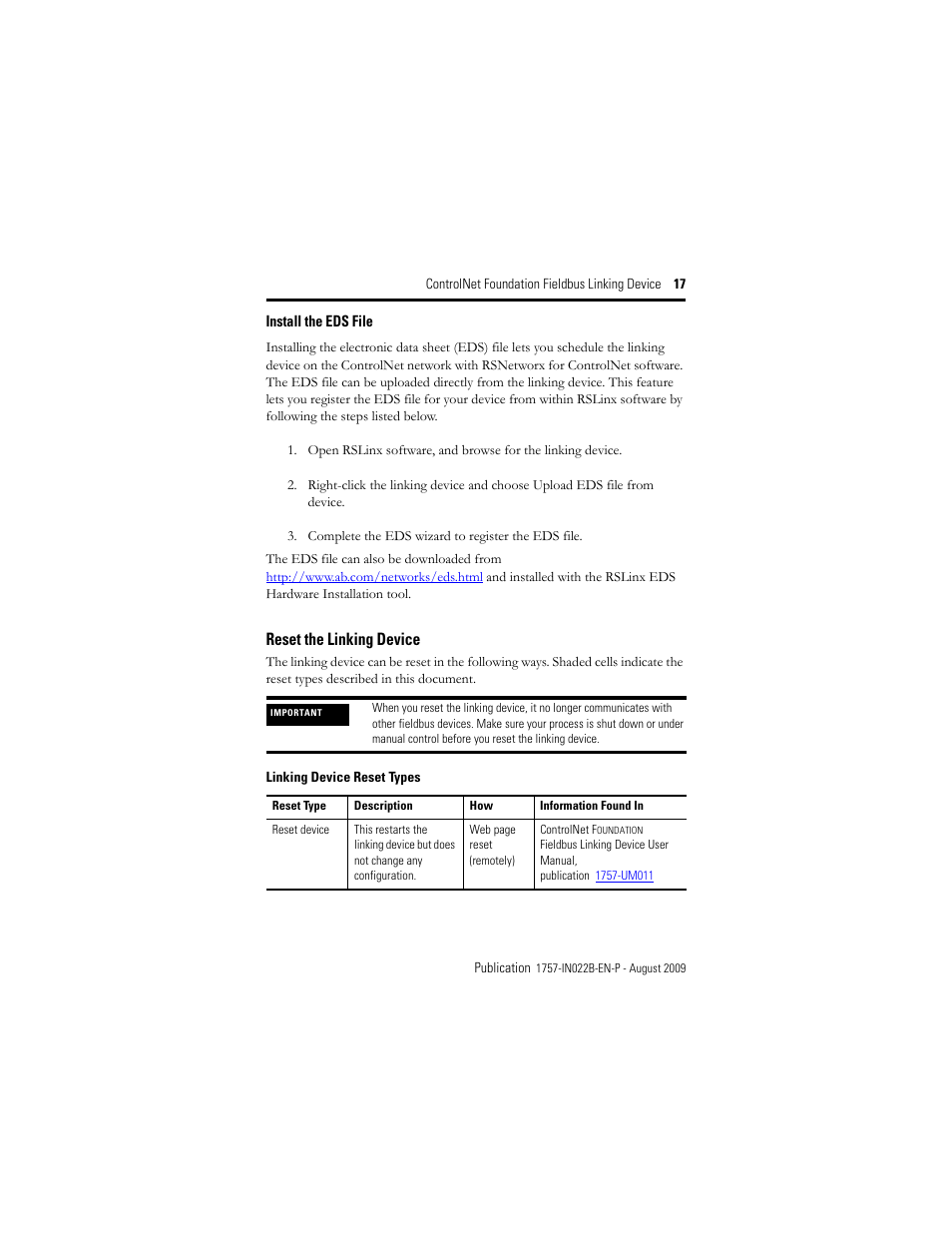 Reset the linking device | Rockwell Automation 1757-FFLDC4 ControlNet Foundation Fieldbus Linking Device Installation Instructions User Manual | Page 17 / 32