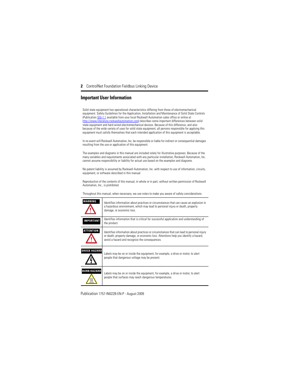 Important user information | Rockwell Automation 1757-FFLDC4 ControlNet Foundation Fieldbus Linking Device Installation Instructions User Manual | Page 2 / 32