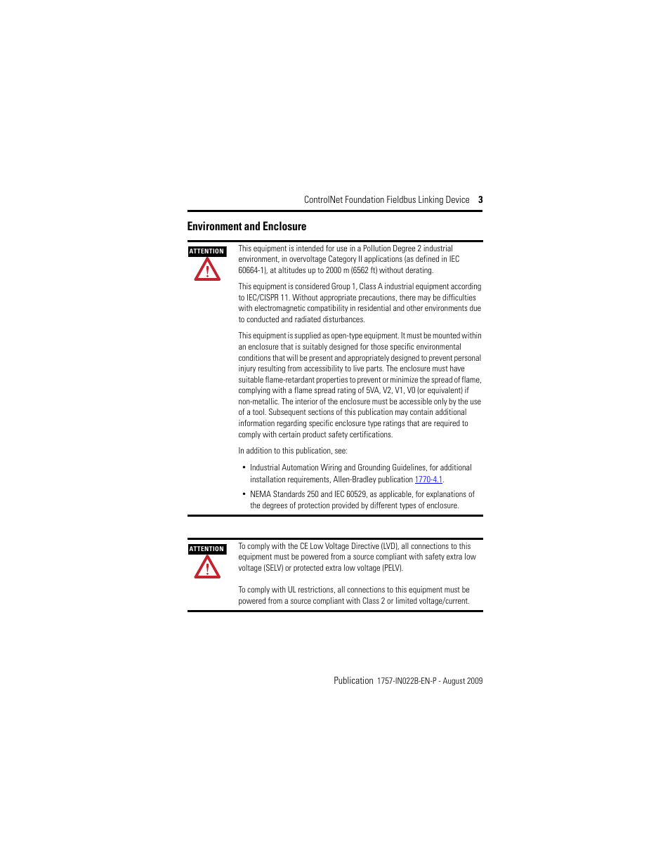 Environment and enclosure | Rockwell Automation 1757-FFLDC4 ControlNet Foundation Fieldbus Linking Device Installation Instructions User Manual | Page 3 / 32