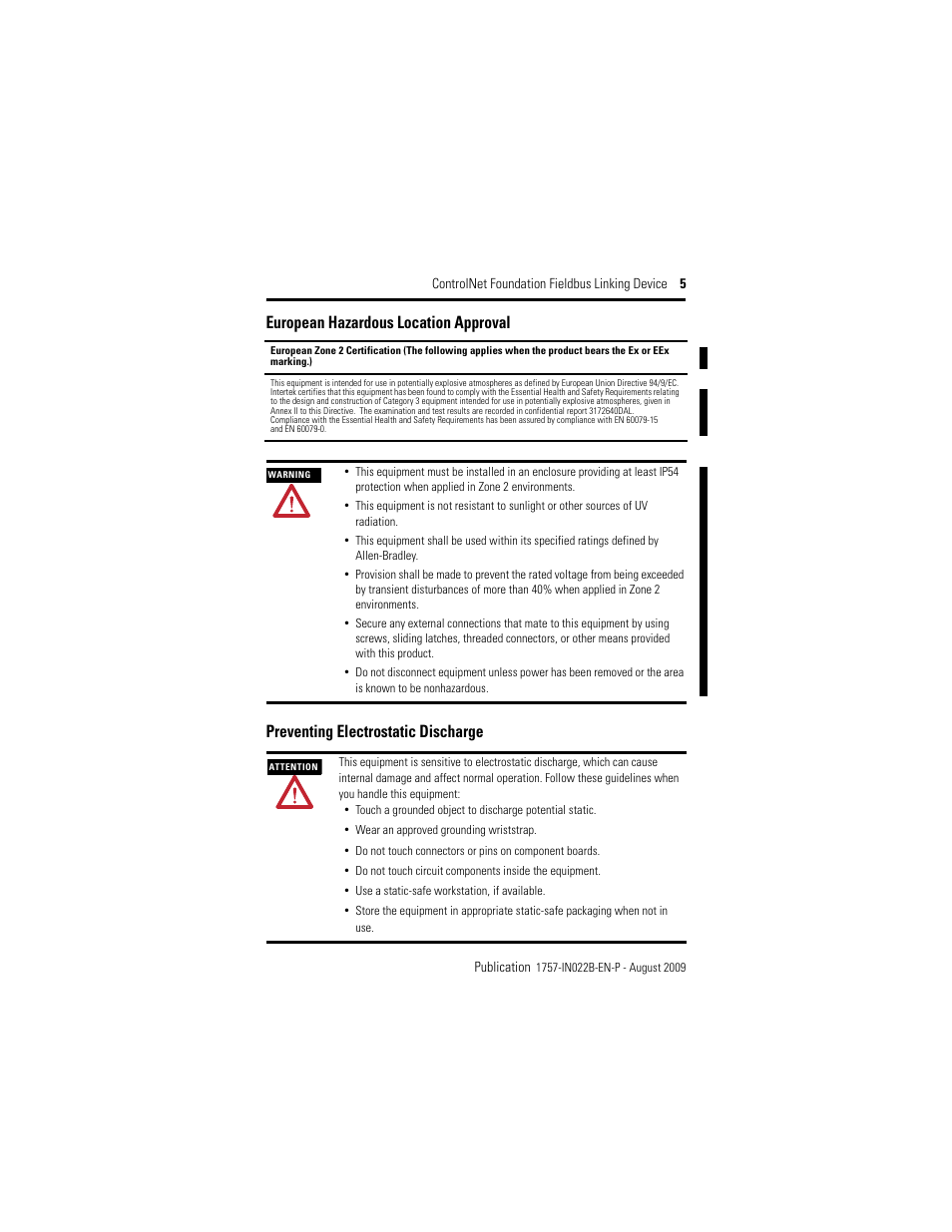 European hazardous location approval, Preventing electrostatic discharge | Rockwell Automation 1757-FFLDC4 ControlNet Foundation Fieldbus Linking Device Installation Instructions User Manual | Page 5 / 32