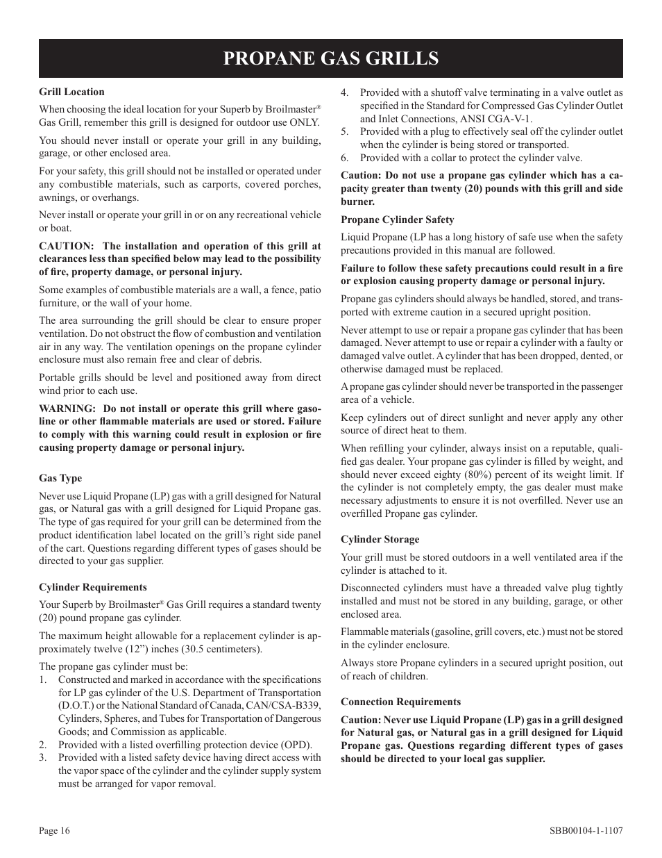 Propane gas grills | Broilmaster SBB 2804 User Manual | Page 16 / 24