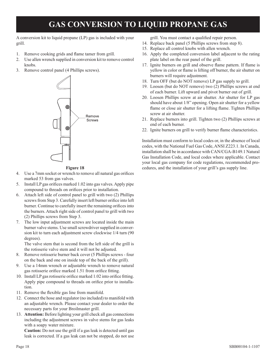 Gas conversion to liquid propane gas | Broilmaster SBB 2804 User Manual | Page 18 / 24
