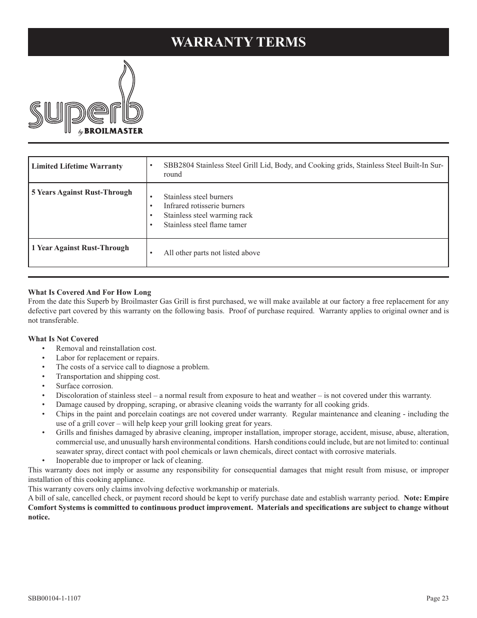 Warranty terms | Broilmaster SBB 2804 User Manual | Page 23 / 24