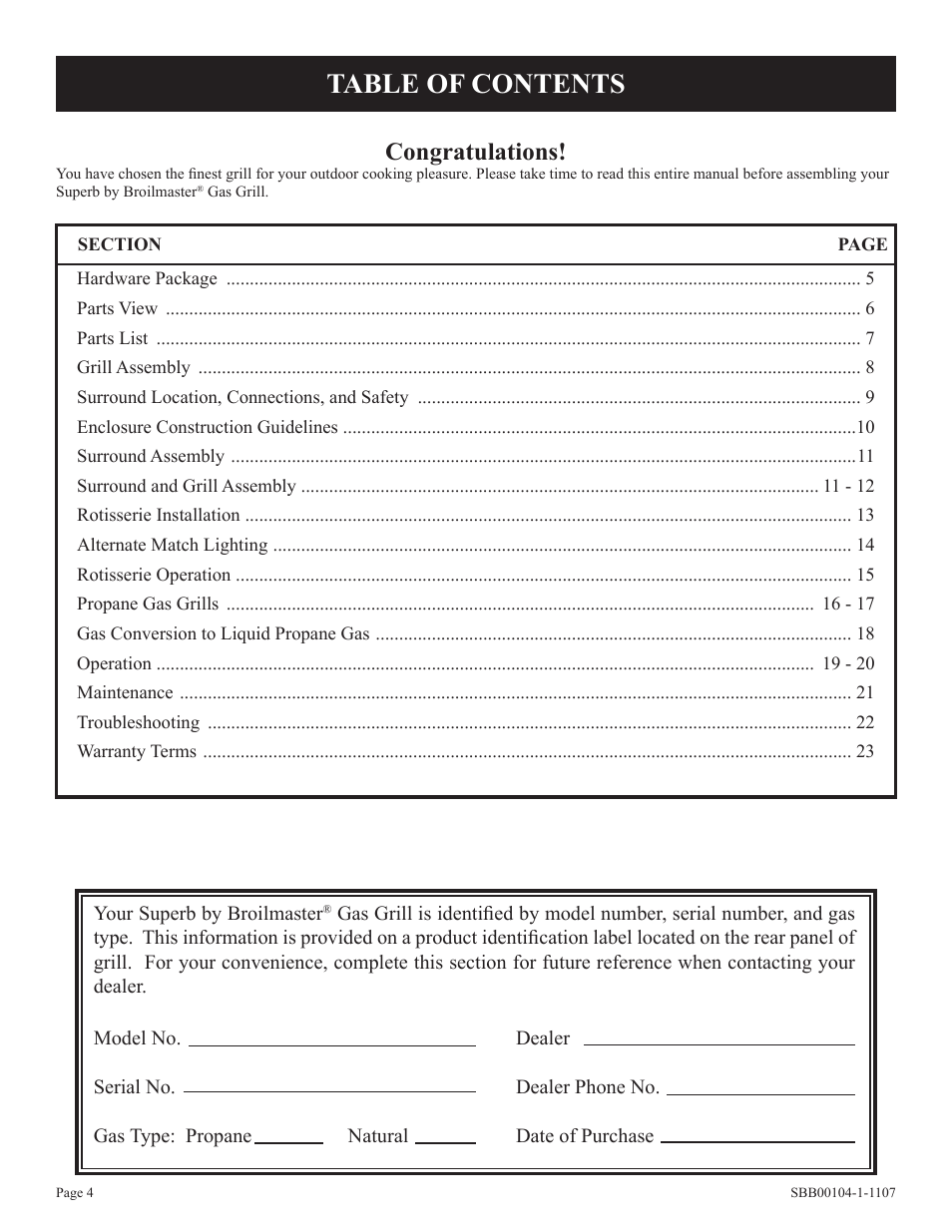 Broilmaster SBB 2804 User Manual | Page 4 / 24