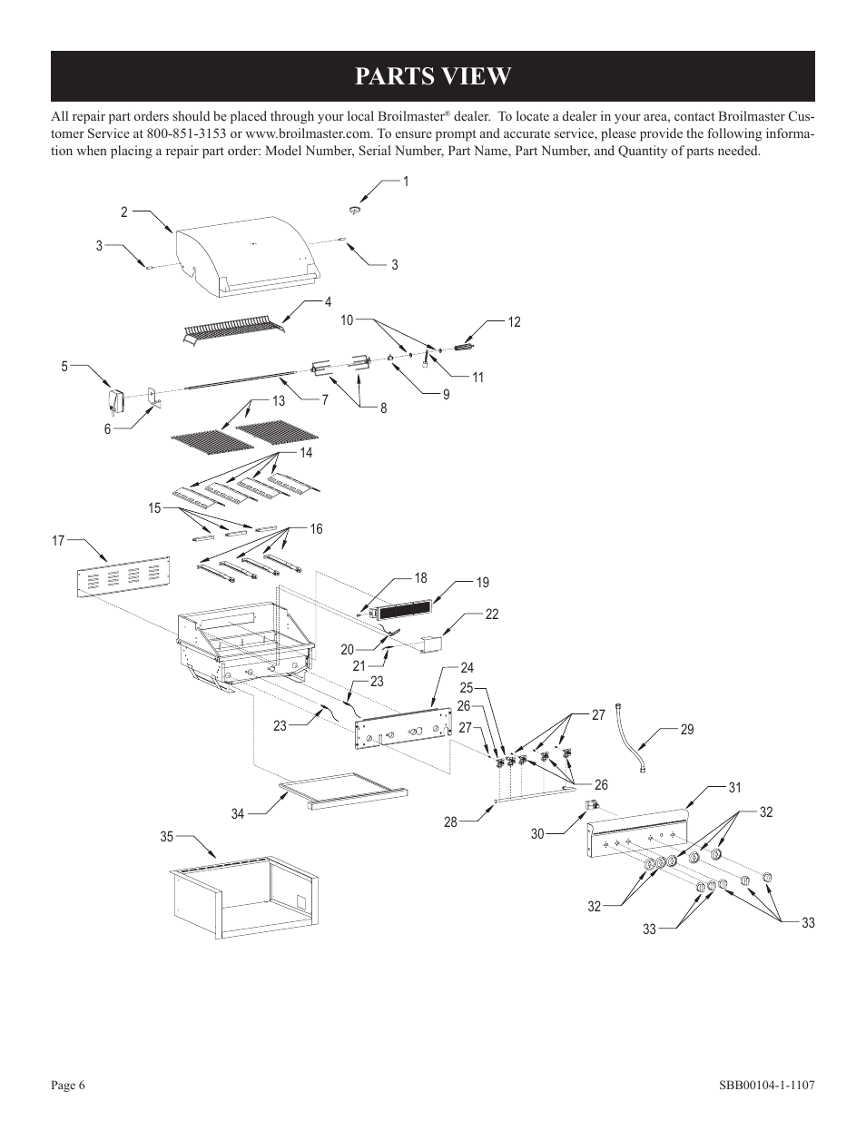 Parts view | Broilmaster SBB 2804 User Manual | Page 6 / 24