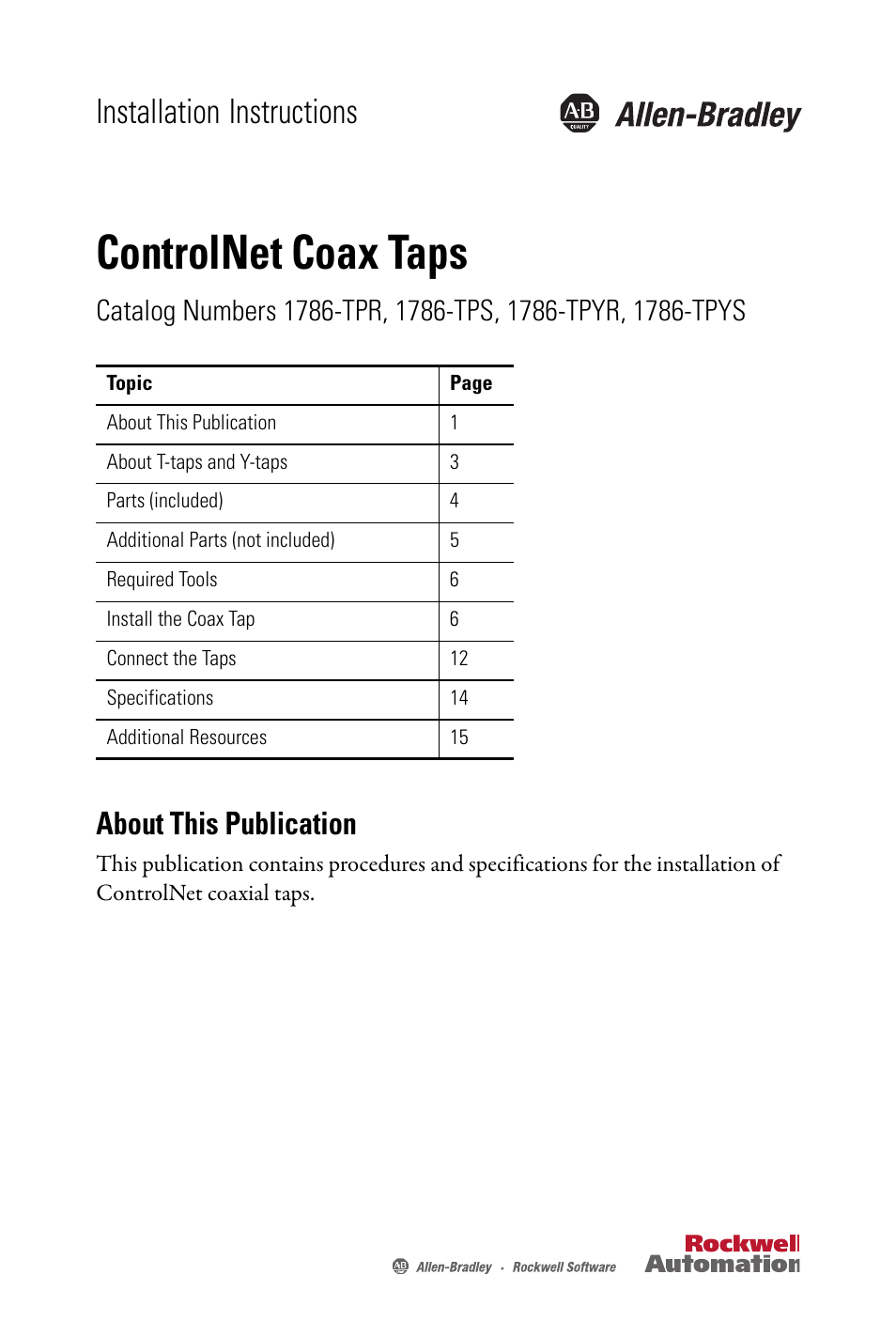 Rockwell Automation 1786-TPYS ControlNet Coax Taps Installation Instructions User Manual | 16 pages
