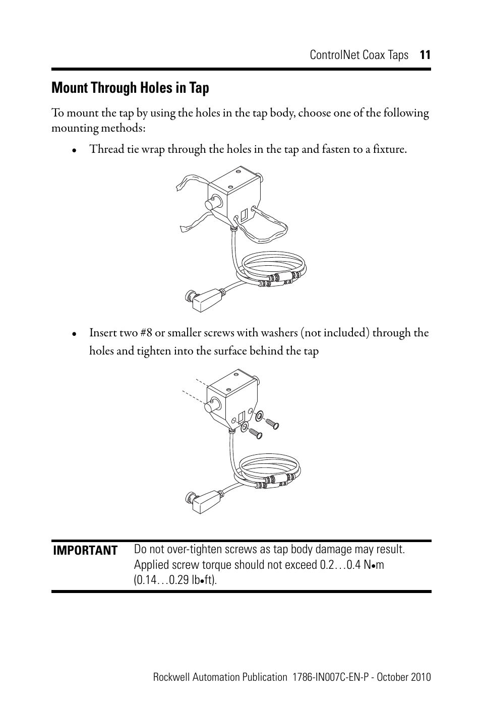 Mount through holes in tap | Rockwell Automation 1786-TPYS ControlNet Coax Taps Installation Instructions User Manual | Page 11 / 16
