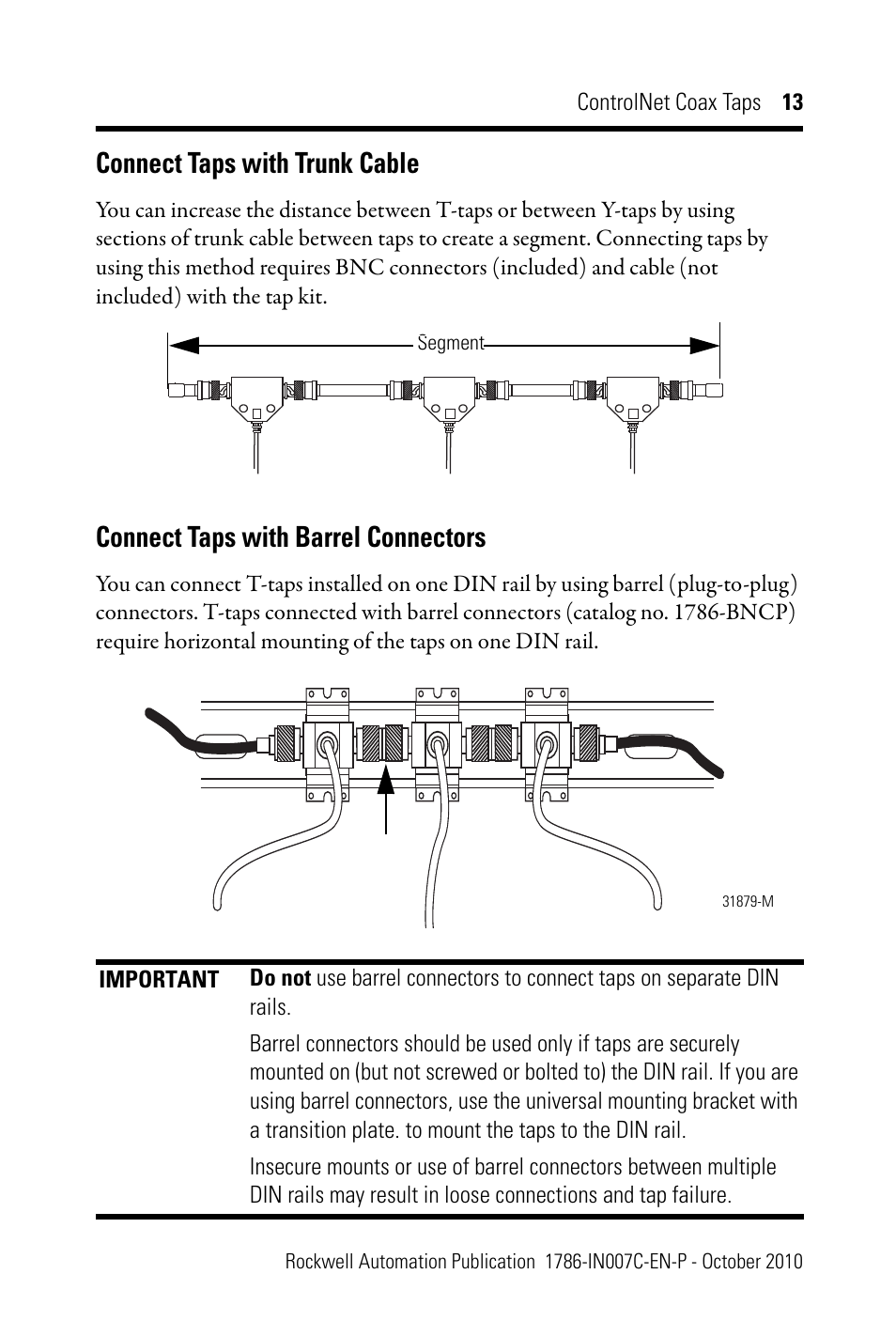 Connect taps with trunk cable, Connect taps with barrel connectors | Rockwell Automation 1786-TPYS ControlNet Coax Taps Installation Instructions User Manual | Page 13 / 16