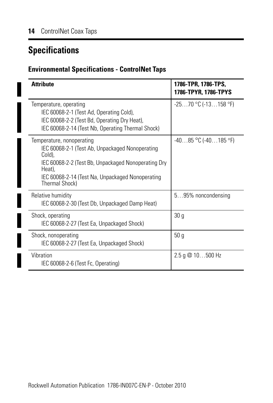 Specifications | Rockwell Automation 1786-TPYS ControlNet Coax Taps Installation Instructions User Manual | Page 14 / 16