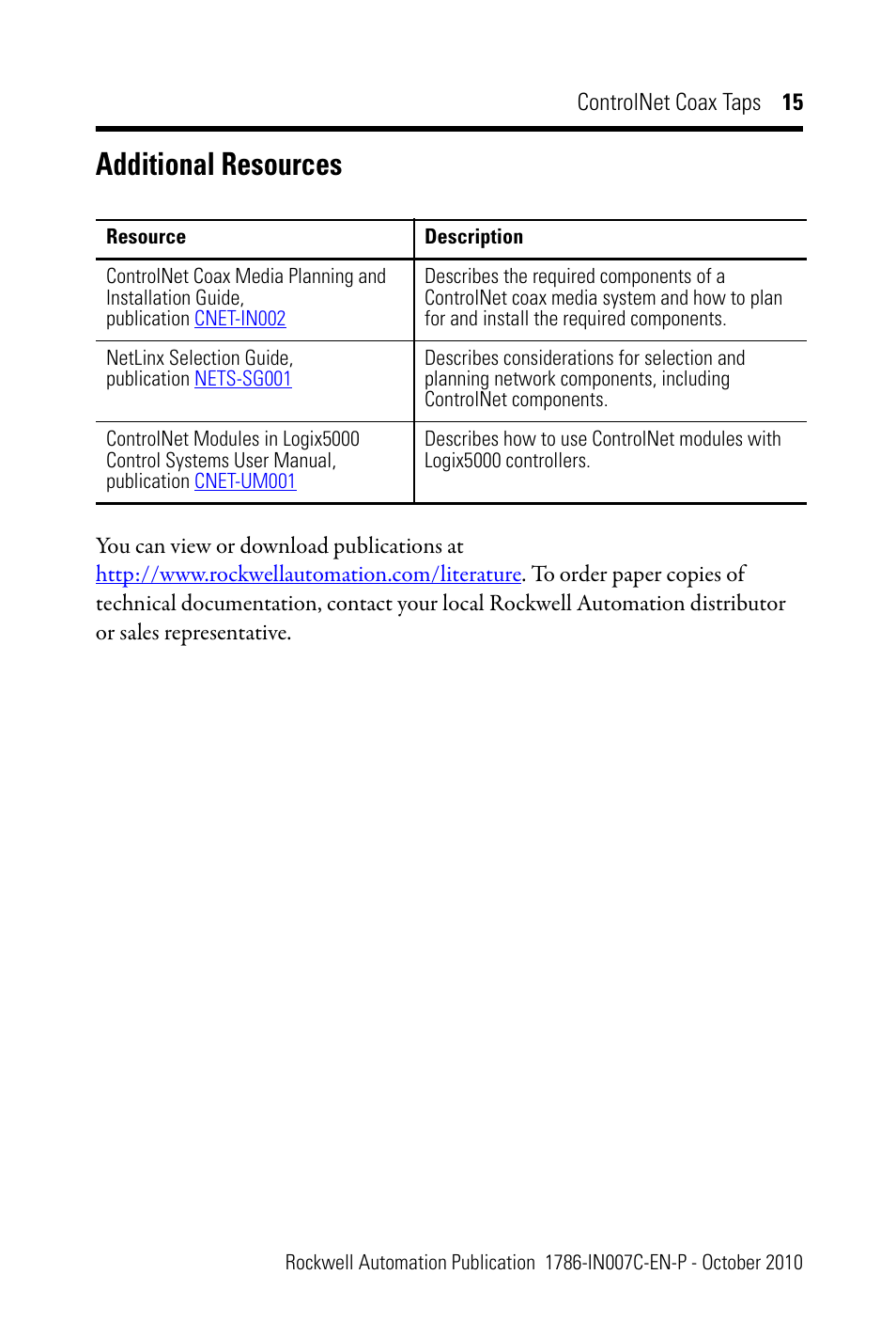 Additional resources | Rockwell Automation 1786-TPYS ControlNet Coax Taps Installation Instructions User Manual | Page 15 / 16