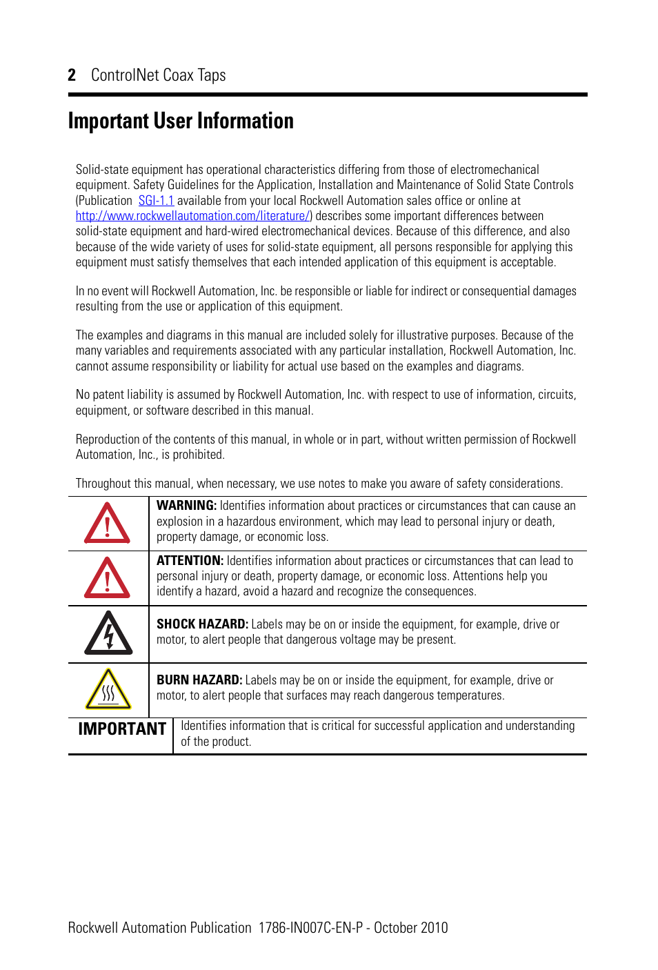 Important user information, 2 controlnet coax taps, Important | Rockwell Automation 1786-TPYS ControlNet Coax Taps Installation Instructions User Manual | Page 2 / 16