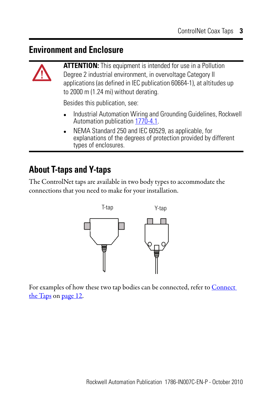 Environment and enclosure, About t-taps and y-taps, Environment and enclosure about t-taps and y-taps | Rockwell Automation 1786-TPYS ControlNet Coax Taps Installation Instructions User Manual | Page 3 / 16