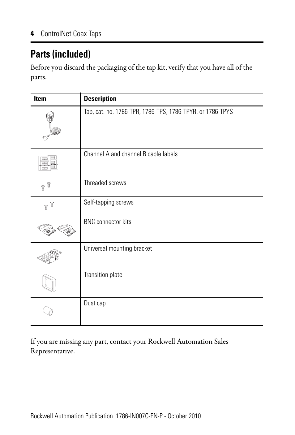 Parts (included) | Rockwell Automation 1786-TPYS ControlNet Coax Taps Installation Instructions User Manual | Page 4 / 16