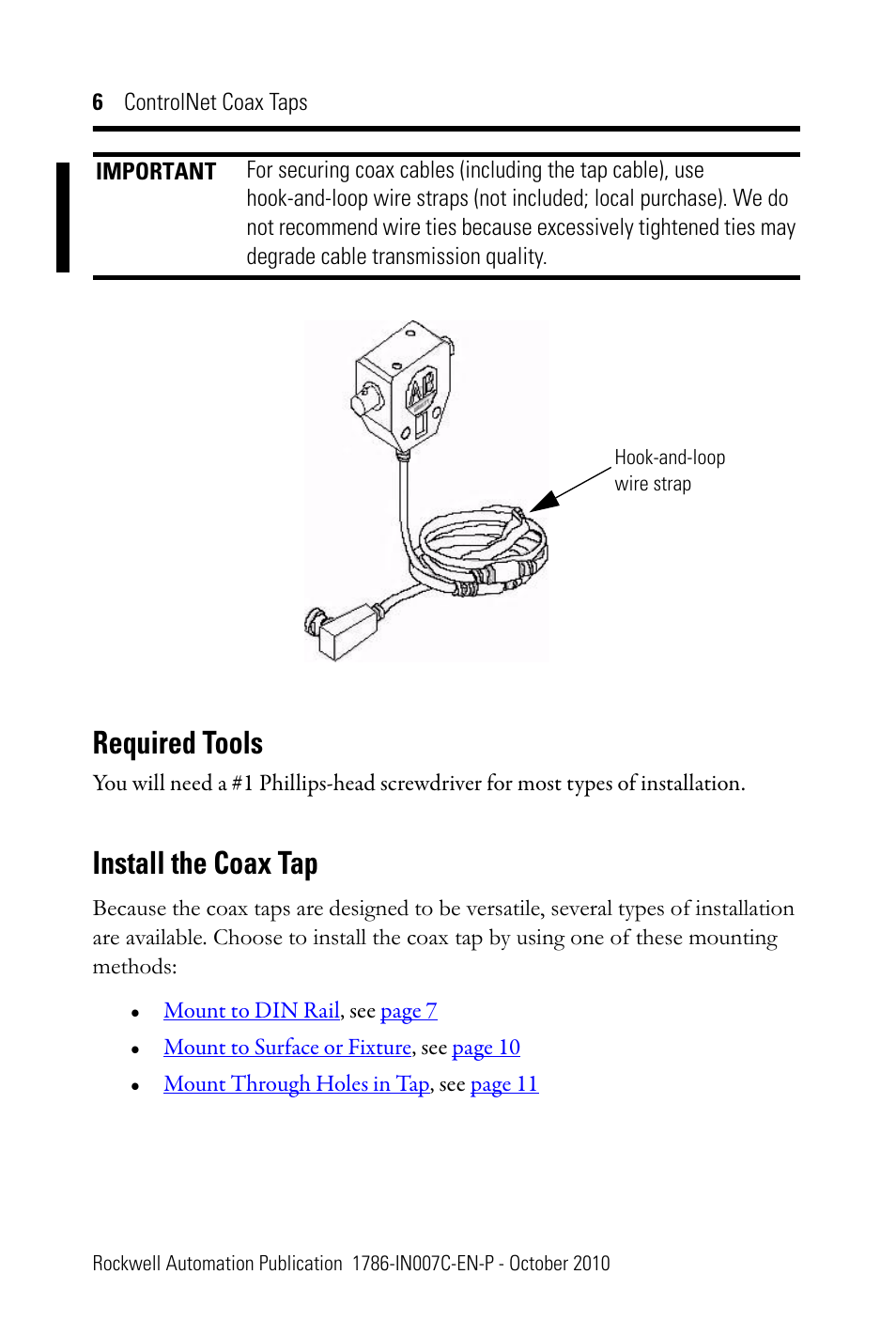 Required tools, Install the coax tap | Rockwell Automation 1786-TPYS ControlNet Coax Taps Installation Instructions User Manual | Page 6 / 16