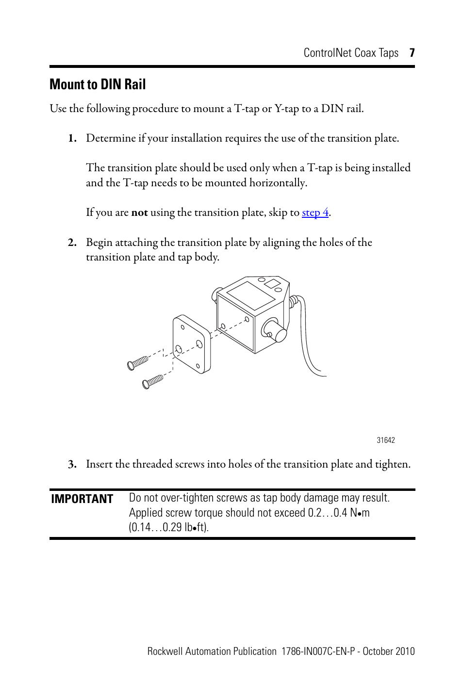 Mount to din rail | Rockwell Automation 1786-TPYS ControlNet Coax Taps Installation Instructions User Manual | Page 7 / 16
