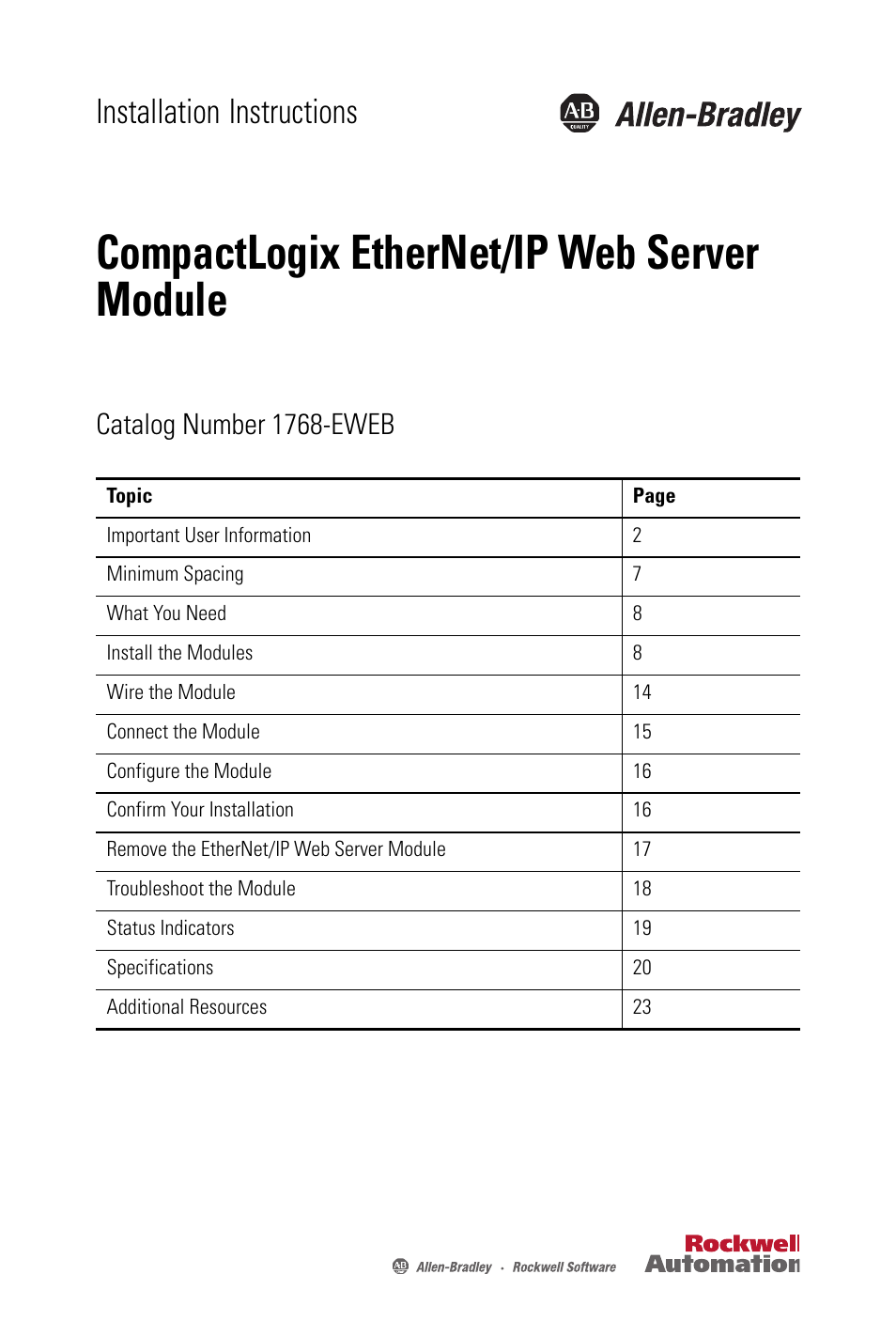 Rockwell Automation 1768-EWEB CompactLogix EtherNet/IP Web Server Module Installation Instructions User Manual | 24 pages