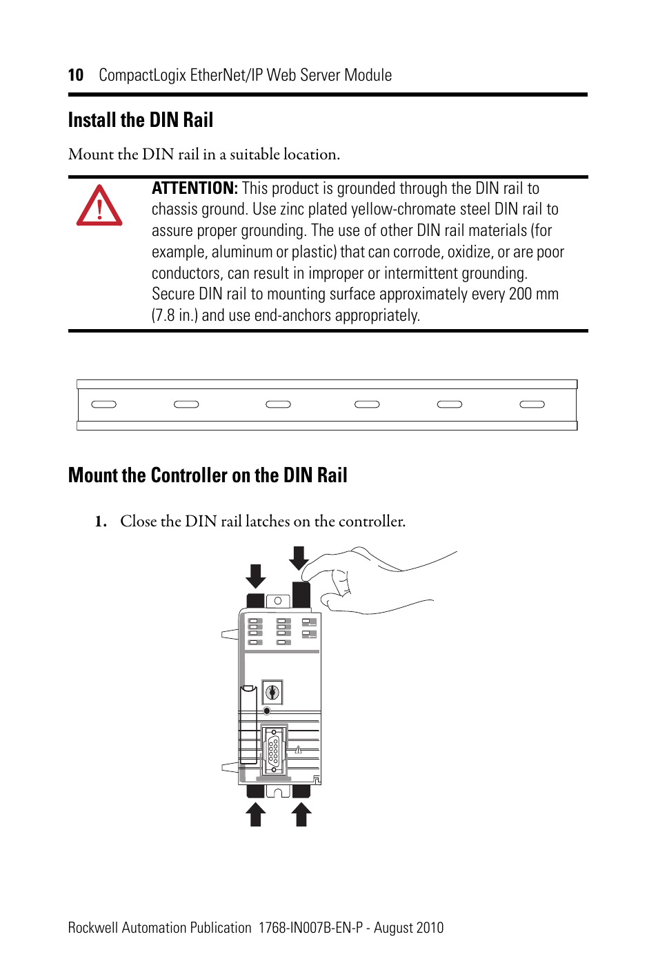 Install the din rail, Mount the controller on the din rail | Rockwell Automation 1768-EWEB CompactLogix EtherNet/IP Web Server Module Installation Instructions User Manual | Page 10 / 24