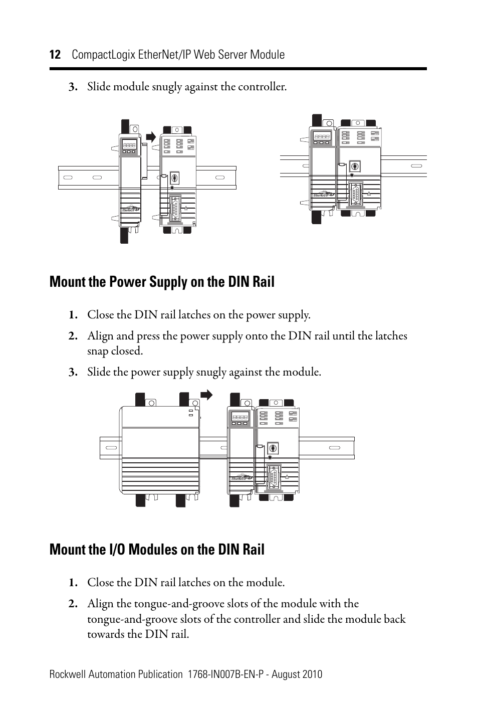 Mount the power supply on the din rail, Mount the i/o modules on the din rail | Rockwell Automation 1768-EWEB CompactLogix EtherNet/IP Web Server Module Installation Instructions User Manual | Page 12 / 24