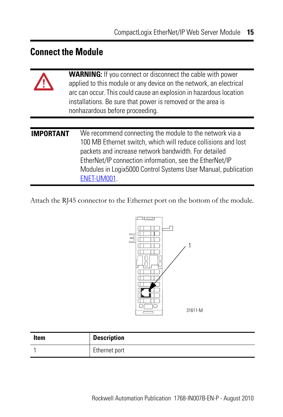 Connect the module | Rockwell Automation 1768-EWEB CompactLogix EtherNet/IP Web Server Module Installation Instructions User Manual | Page 15 / 24