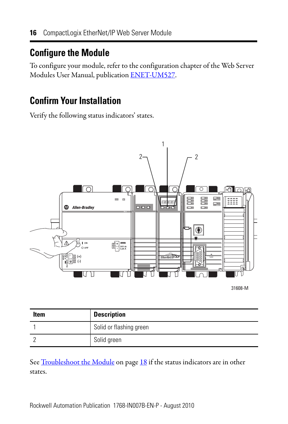 Configure the module, Confirm your installation, 16 compactlogix ethernet/ip web server module | Rockwell Automation 1768-EWEB CompactLogix EtherNet/IP Web Server Module Installation Instructions User Manual | Page 16 / 24
