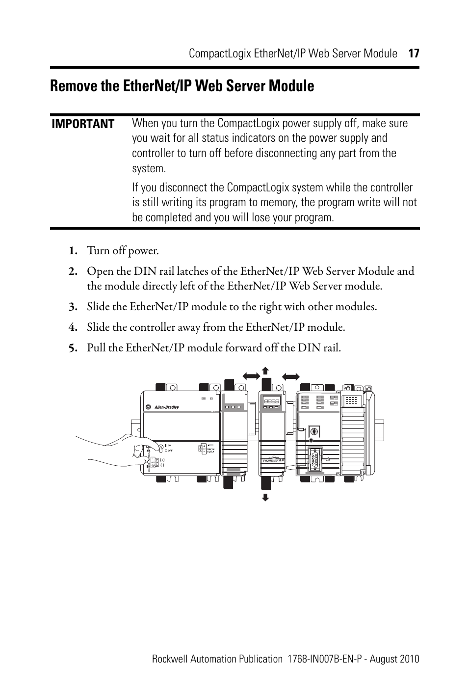 Remove the ethernet/ip web server module, Compactlogix ethernet/ip web server module 17 | Rockwell Automation 1768-EWEB CompactLogix EtherNet/IP Web Server Module Installation Instructions User Manual | Page 17 / 24
