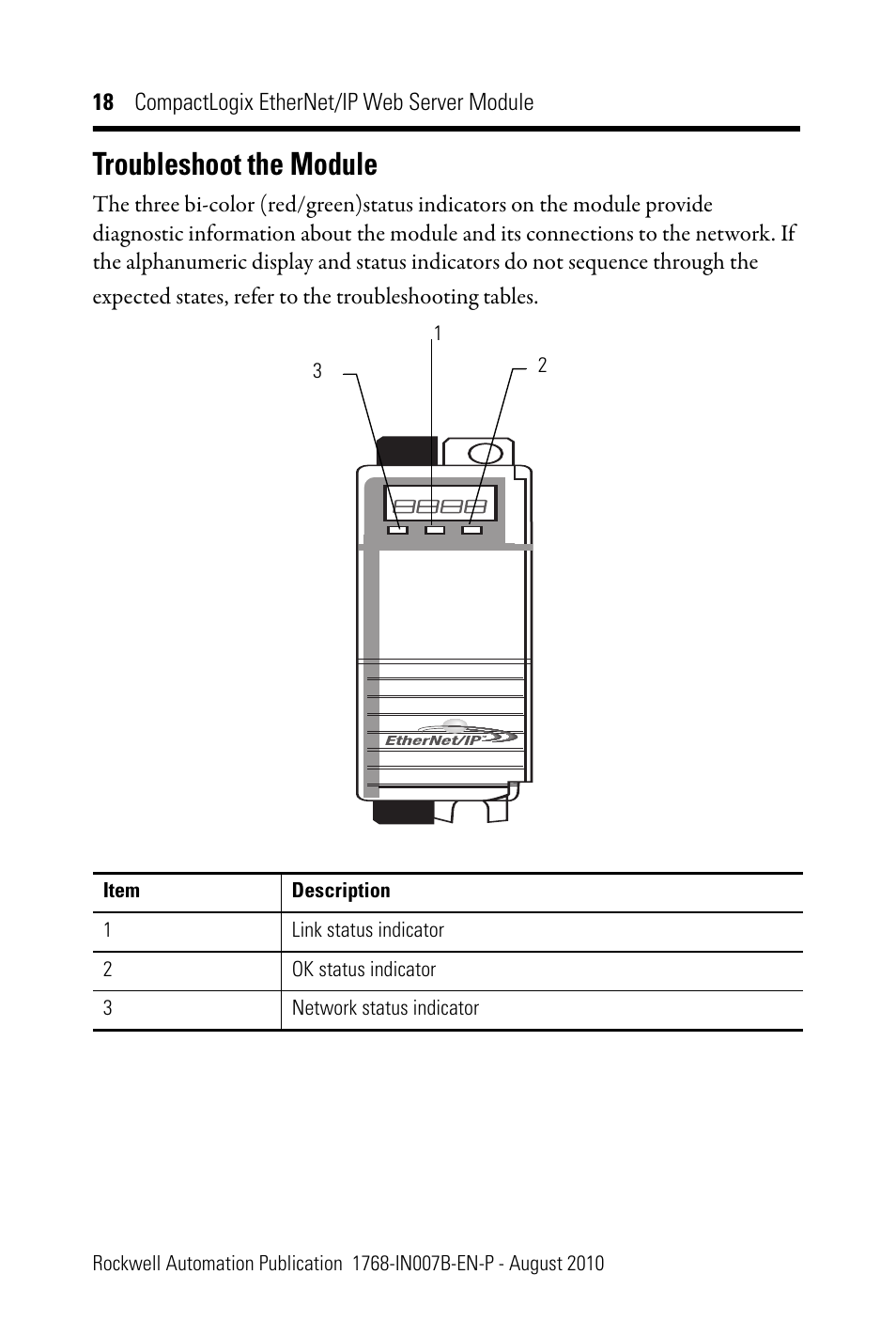 Troubleshoot the module | Rockwell Automation 1768-EWEB CompactLogix EtherNet/IP Web Server Module Installation Instructions User Manual | Page 18 / 24