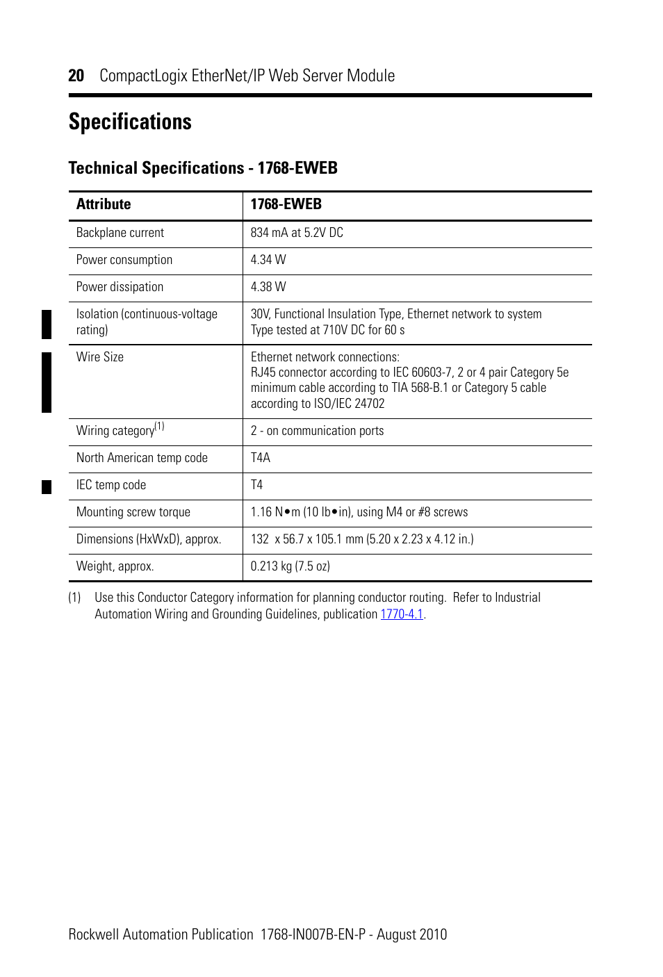 Specifications, 20 compactlogix ethernet/ip web server module, Technical specifications - 1768-eweb | Rockwell Automation 1768-EWEB CompactLogix EtherNet/IP Web Server Module Installation Instructions User Manual | Page 20 / 24
