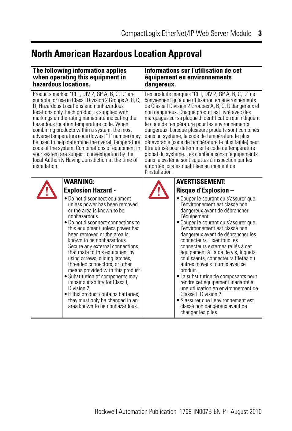 North american hazardous location approval, Compactlogix ethernet/ip web server module 3 | Rockwell Automation 1768-EWEB CompactLogix EtherNet/IP Web Server Module Installation Instructions User Manual | Page 3 / 24