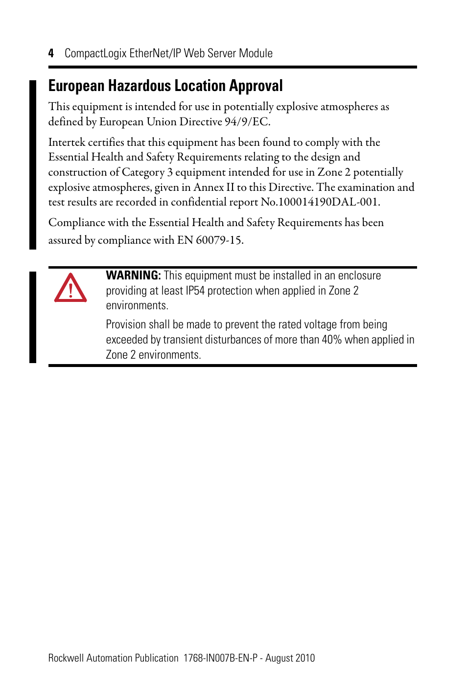 European hazardous location approval | Rockwell Automation 1768-EWEB CompactLogix EtherNet/IP Web Server Module Installation Instructions User Manual | Page 4 / 24
