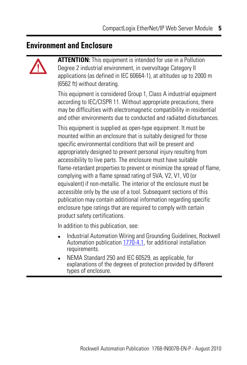 Environment and enclosure | Rockwell Automation 1768-EWEB CompactLogix EtherNet/IP Web Server Module Installation Instructions User Manual | Page 5 / 24