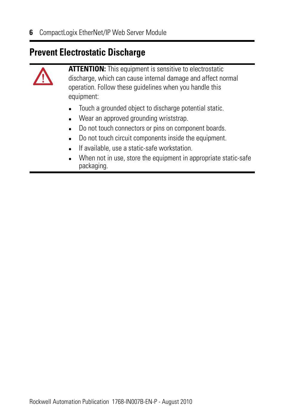 Prevent electrostatic discharge | Rockwell Automation 1768-EWEB CompactLogix EtherNet/IP Web Server Module Installation Instructions User Manual | Page 6 / 24