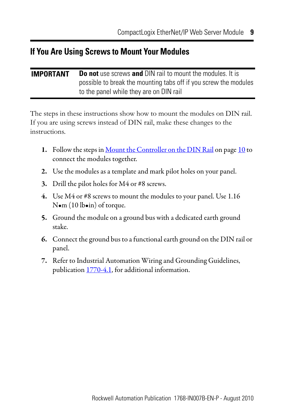 If you are using screws to mount your modules | Rockwell Automation 1768-EWEB CompactLogix EtherNet/IP Web Server Module Installation Instructions User Manual | Page 9 / 24