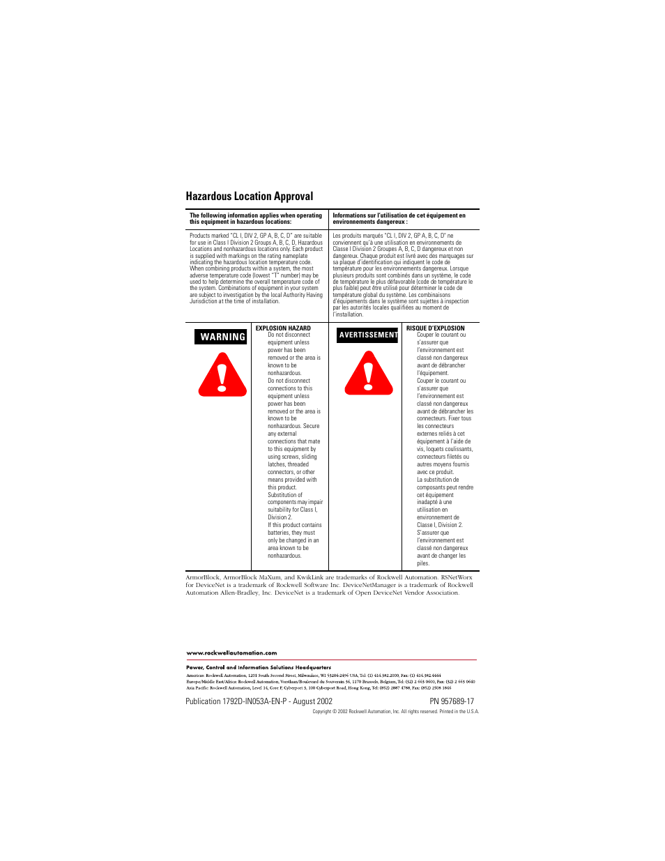 Hazardous location approval, Back cover | Rockwell Automation 1792D-16BVT0CD ArmorBlock MaXum 16 Input Module with Complete Diagnostics User Manual | Page 16 / 16