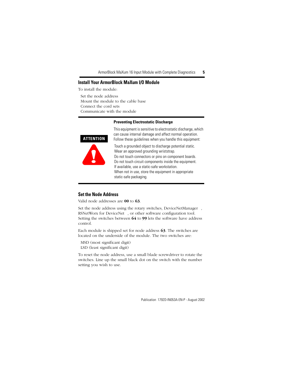 Install your armorblock maxum i/o module, Set the node address | Rockwell Automation 1792D-16BVT0CD ArmorBlock MaXum 16 Input Module with Complete Diagnostics User Manual | Page 5 / 16