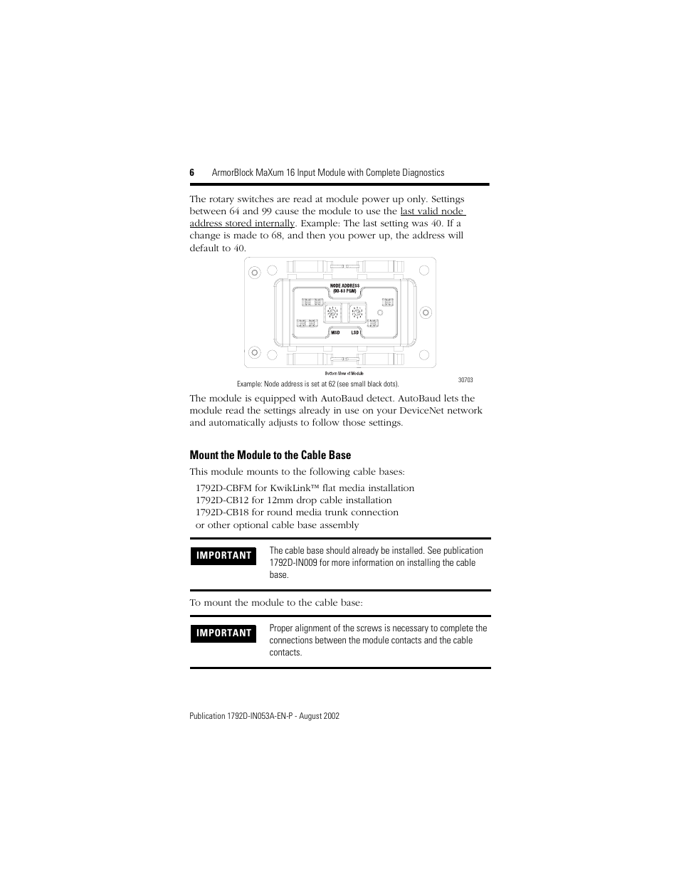 Mount the module to the cable base | Rockwell Automation 1792D-16BVT0CD ArmorBlock MaXum 16 Input Module with Complete Diagnostics User Manual | Page 6 / 16