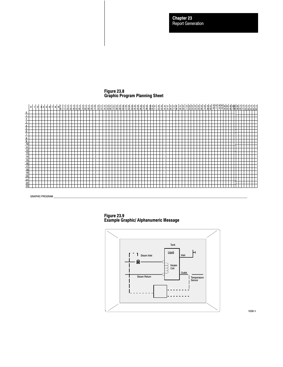 Report generation chapter 23, Figure 23.8 graphic program planning sheet, Figure 23.9 example graphic/ alphanumeric message | Rockwell Automation 1772-L8_LW_LWP_LX_LXP,D17726.5.8 User Manual User Manual | Page 372 / 490