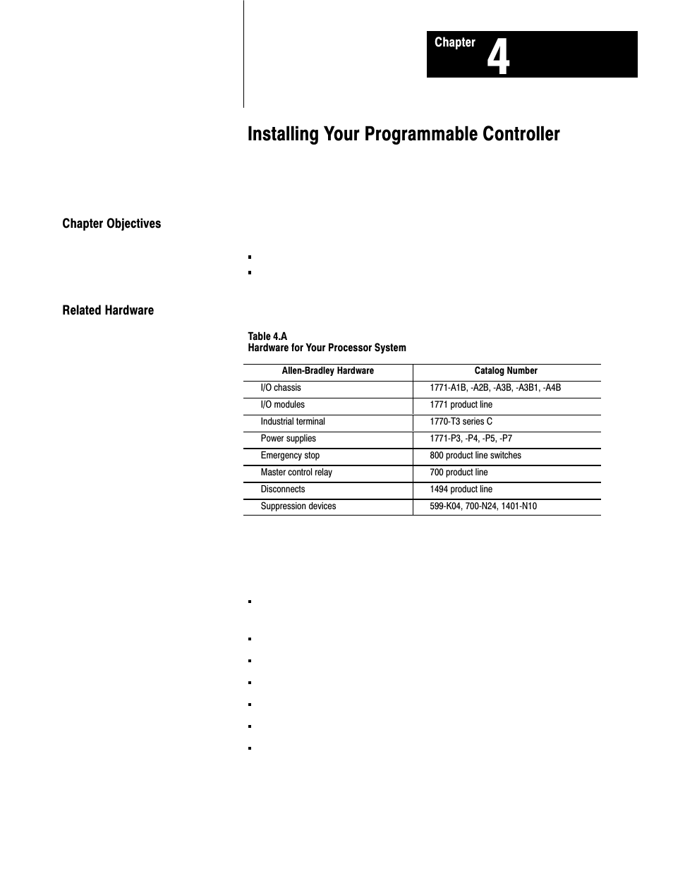 4 - installing your programmable controller, Installing your programmable controller | Rockwell Automation 1772-L8_LW_LWP_LX_LXP,D17726.5.8 User Manual User Manual | Page 40 / 490