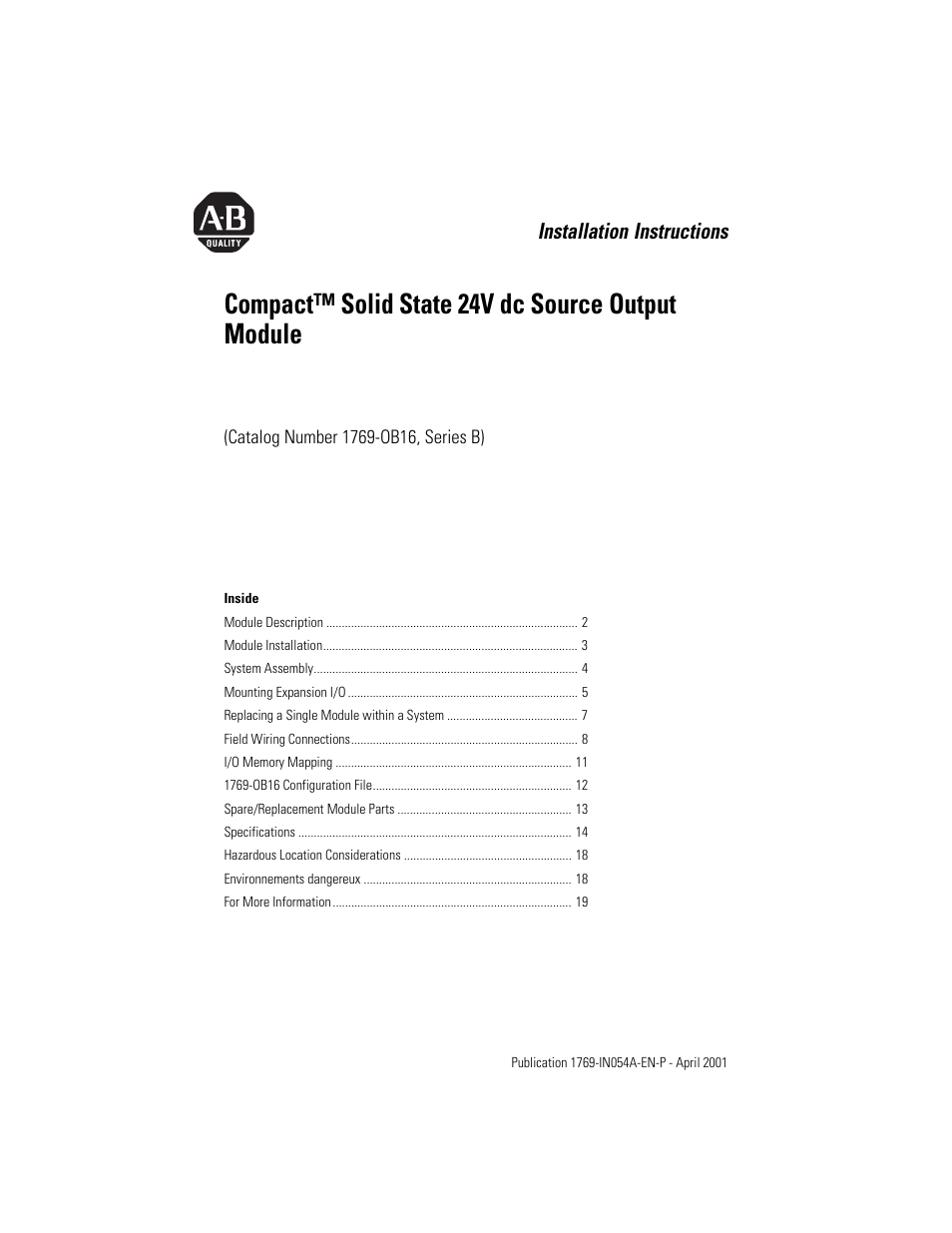 Rockwell Automation 1769-OB16 Compact Solid State 24V dc Source Output Module User Manual | 20 pages