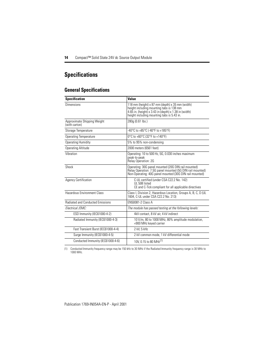 Specifications, General specifications | Rockwell Automation 1769-OB16 Compact Solid State 24V dc Source Output Module User Manual | Page 14 / 20
