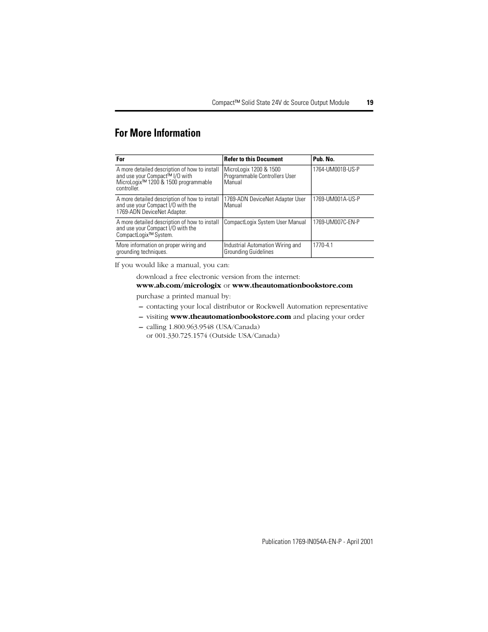 For more information | Rockwell Automation 1769-OB16 Compact Solid State 24V dc Source Output Module User Manual | Page 19 / 20