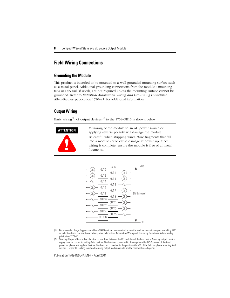 Field wiring connections, Grounding the module, Output wiring | Rockwell Automation 1769-OB16 Compact Solid State 24V dc Source Output Module User Manual | Page 8 / 20