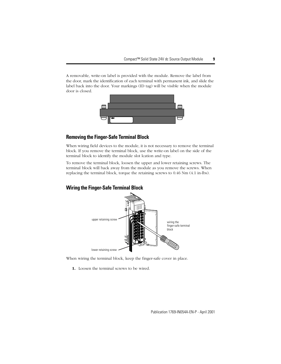 Removing the finger-safe terminal block, Wiring the finger-safe terminal block | Rockwell Automation 1769-OB16 Compact Solid State 24V dc Source Output Module User Manual | Page 9 / 20